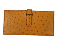 HERMES BEARN Ostrich Leather Long Wallet Bifold C Engraved Long Wallet Brown
