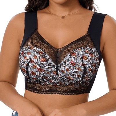 Floral Lace Wireless Full Coverage Bra Wide Strap Plus Size Comfort Bralette