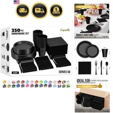 350 Pcs Black Plastic Plates For Party, Black Disposable Plates Set, 50 Of Ea...