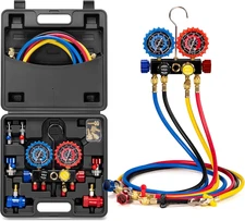 HVAC 4 Way Manifold Gauge Set R134A R1234Yf Quick Couplers Can Taps Automotive