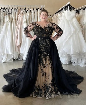 Gothic Black Wedding Dress Lace Appliques Long Sleeves Plus Size Bridal  Gown