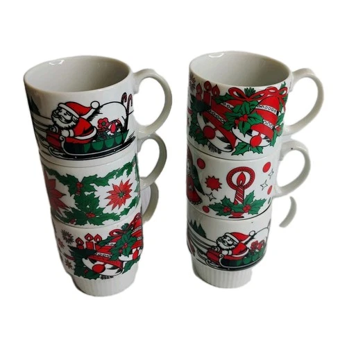 Vintage 1970s  Trimont Ware Japan Stacking Mugs Cups Christmas Holiday Set of 6