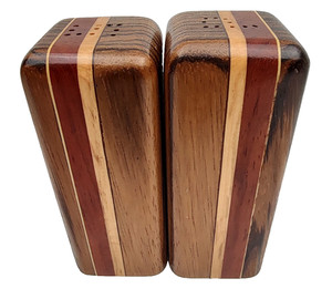 Vintage Inlaid Wood Salt & Pepper Shakers - Handmade - 4 1/2" Mid-Century Modern