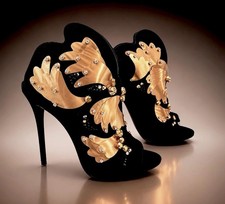 NEW Giuseppe Zanotti Black Gold Suede Strappy Embellished Heels- 38.5 975