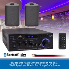 Bluetooth Radio Amp/Speaker Kit 2x 3" Wall Speakers Black For Shop Cafe Salon