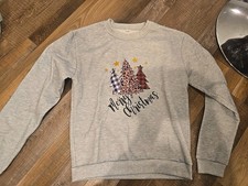 Size L Sweatshirt Top Gray Merry Christmas Trees Print Fleece Lined Xmas NWOT