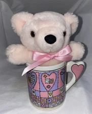 Vintage J.I.I. Mug Patch Quilt Heart Pink Purple Valentine Anniversary Bear