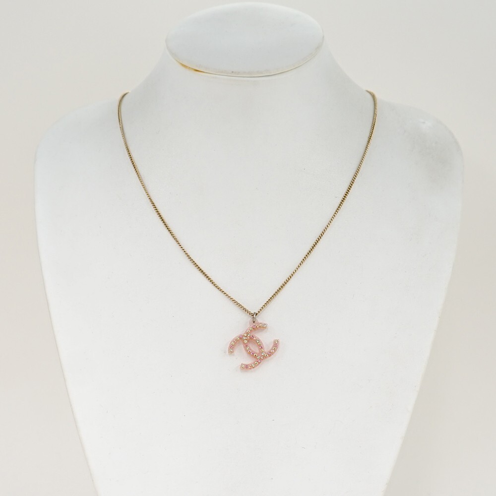 CHANEL Pink CC Logo Rhinestone Necklace 23