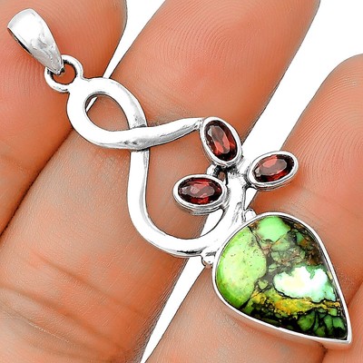Green Matrix Turquoise & Garnet 925 Sterling Silver Pendant Jewelry P-1118