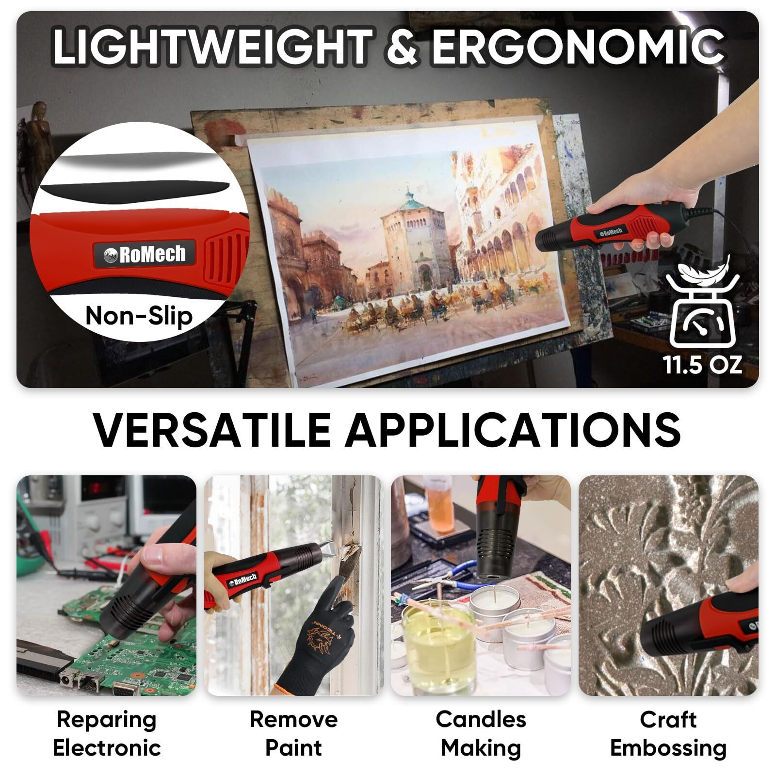 ROMECH 350W Heat Gun with 2 Nozzles Dual Temp Heat Gun 400°F-660°F Fast Heat ...