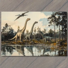 Art Print Dinosaurs Forest River Brontosaurus Trees Flying Reptile Nature Scene