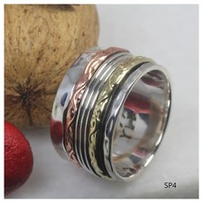 Hammered Sterling Silver Wide Heavy Band Spinner Meditation Ring Tri-Colored
