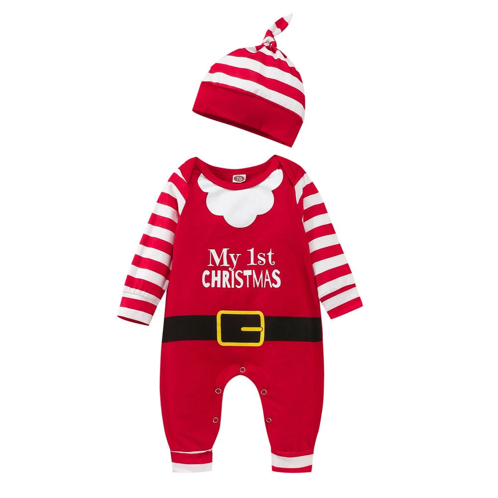 Baby Boys Girls My 1st Christmas Outfits Clothes Santa Romper Jumpsuits+Hat Sets