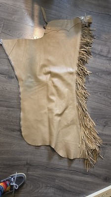 Men's Top Grain Leather Long Fringe Chaps Two German Silver Buckles Western