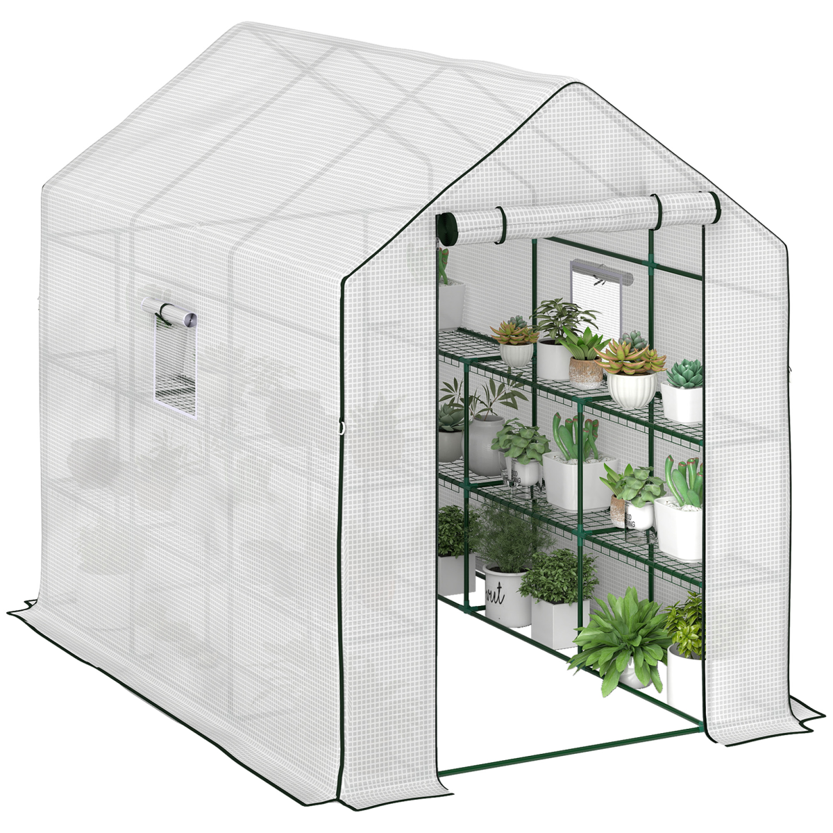 Outsunny Walk-in Greenhouse - 140 x 213cm - White Steel and Plastic - 3-Layer Reinforced Cover - Shelves - Image 2