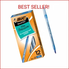 BIC Round Stic Xtra Precision Ballpoint Pen, Fine Point (0.8mm), Blue, 12-Count