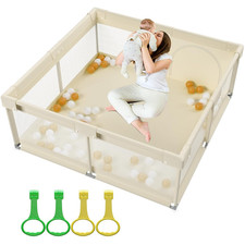 Beige Baby Playpen 59x59 - Safe Play Yard for Infants Toddlers with Gate