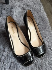 PRADA Black Patent Leather Esparto Rope Wedges Espadrille Sandals US 7, EU 37