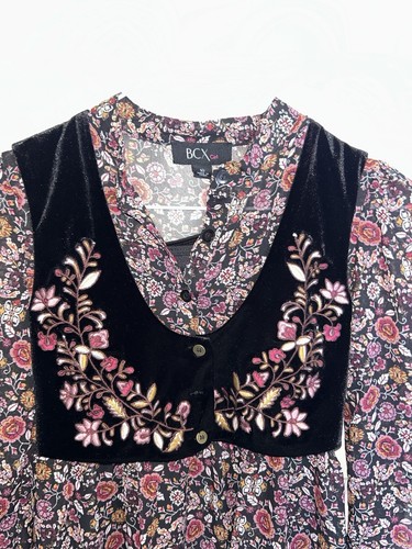 BCX Girl Boho Floral Dress 2-Piece With Embroidered Velvet Vest Size 10 NWT - Picture 2 of 5