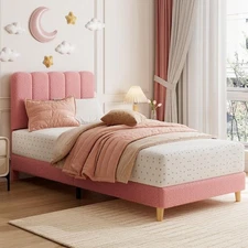 Twin Bed Frame with Wave Headboard, Boucle Upholstered Platform Bed for Girls