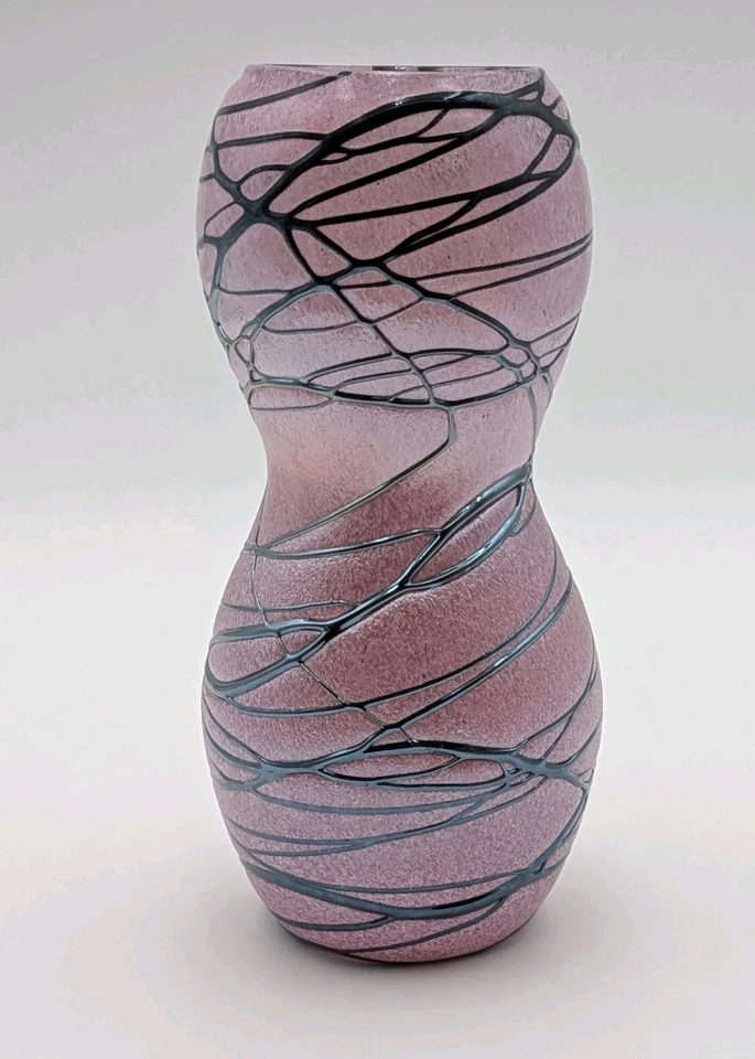 Art Glass Threaded Spots and Thread Purple Hand Blown Glass Vase Hourglass Shape - image 4 of 4