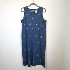 Vtg Denim Floral Embroidered Midi Dress Womens Petite Large Granny Cottagecore