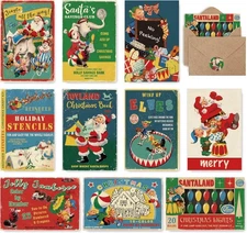 Whaline Retro Christmas Greeting Cards 40 Pack Vintage Xmas Cartoon Blank Note C