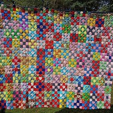 Handmade Yo Yo Quilt Topper Coverlet 62 x 81 Colorful Folk Art 9 Patch Vintage