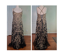 MoriLee Madeline Gardner Evening Gown Black Gold 18 Rhinestone Mermaid Lace Up