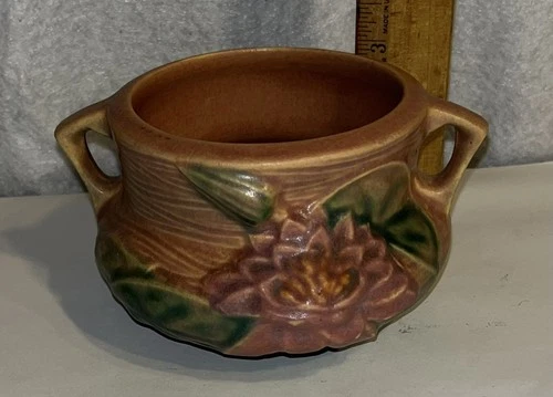 Vintage Roseville Pottery USA 663-3”Waterlily Jardiniere Pink Double Handles