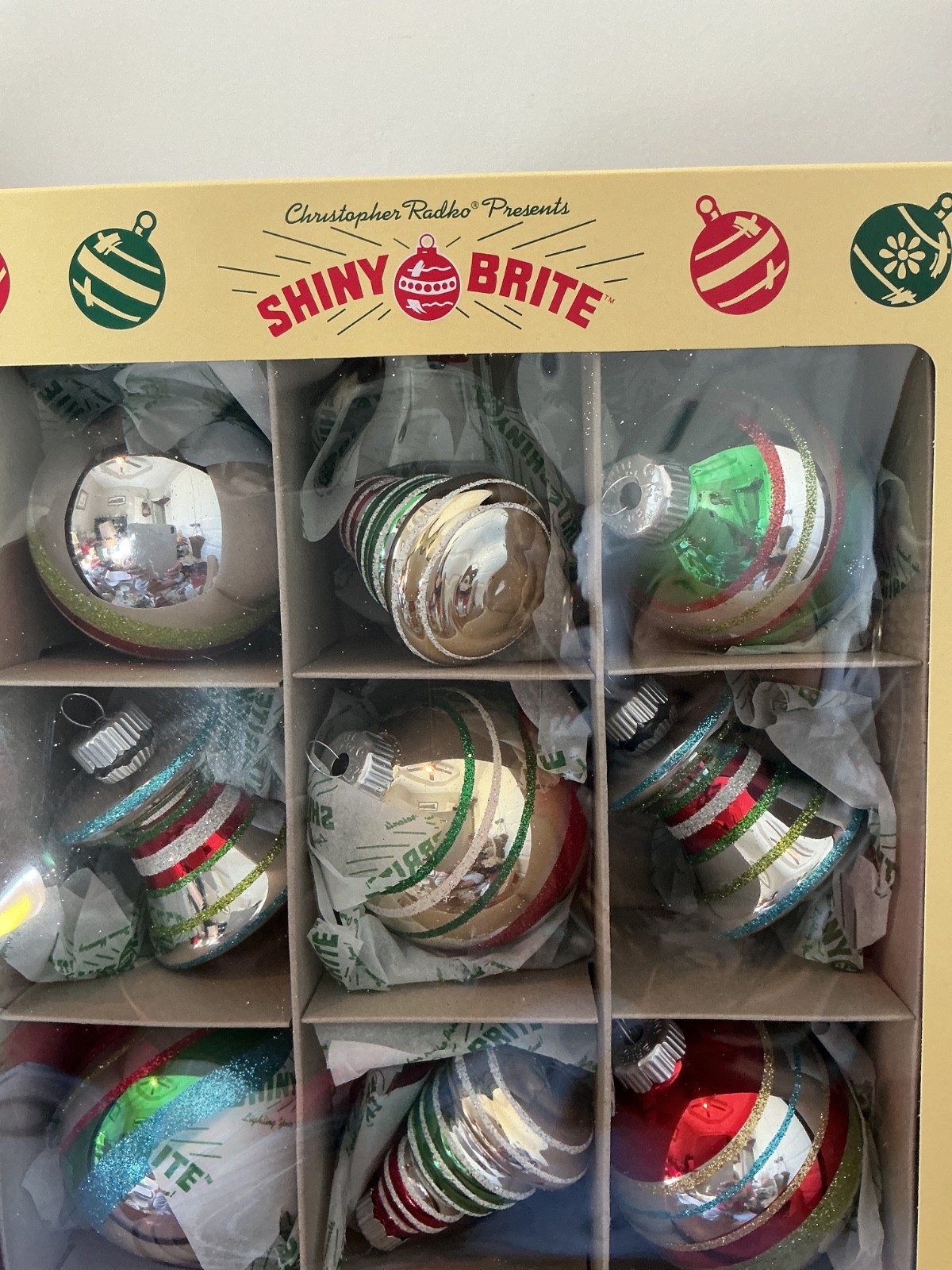 a box of Christopher Radko Shiny Brite vintage-style glass Christmas ...