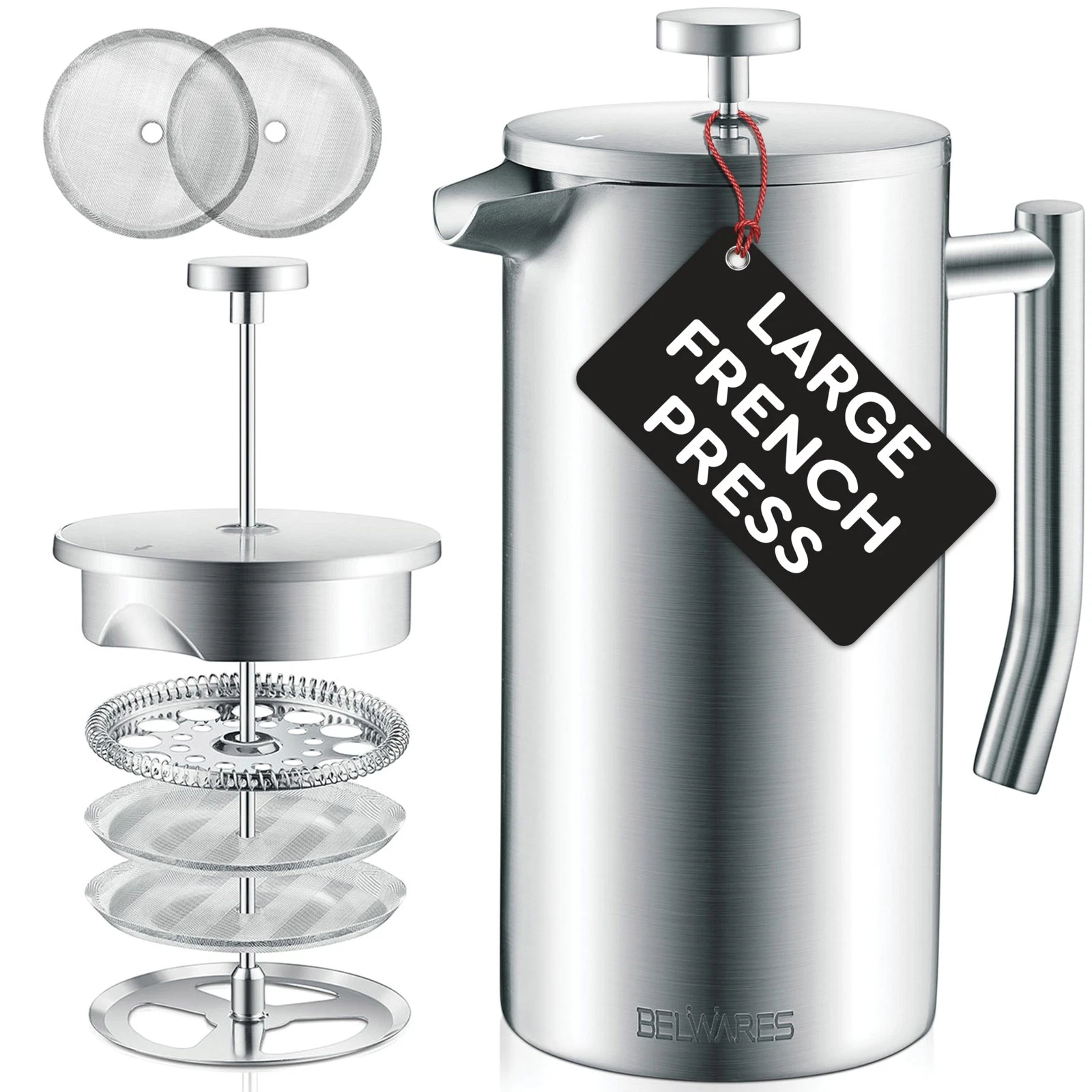French Press Coffee Maker - 50oz 6-Cup Capacity, 304 Stainless Steel Coffee P...