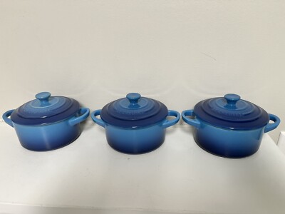 3 Le Creuset AZURE BLUE 10cm Mini Round Baker Casserole Cocotte