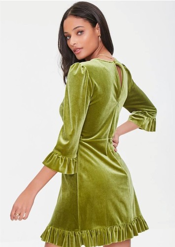Velvet Flounce Mini Dress- Green- Small - Picture 3 of 5