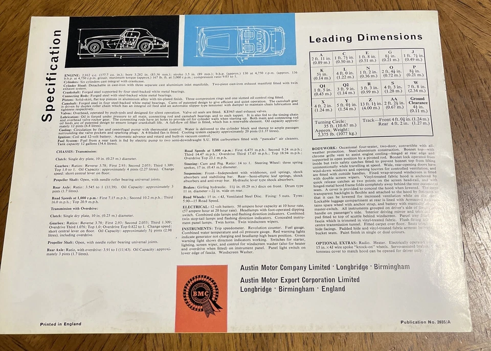 Folleto de venta de autos AUSTIN HEALEY 3000 SPORTS CONVERTIBLE 1962 #2035/A Foto 2 de 4