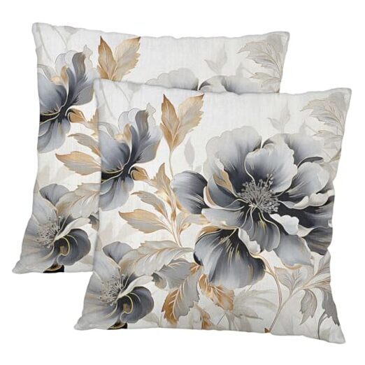 Elegant Blue Gray Marble Flower Pillow Covers 20x20 Set of 2 with Gold Accent