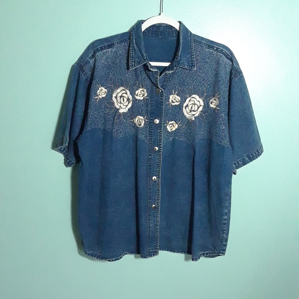 Vintage 90s Embroidered Button Denim Top - size XL, VGUC! Floral