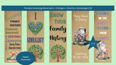 Printable Genealogy Bookmarks - Total of 5 Designs - Digital Download