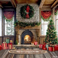 10'x10'Computer-painted Xmas Fireplace Tree Gift Scene background backdrop SD181