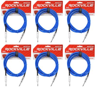 6 Rockville RCGT10BL 10'  1/4'' TS to 1/4'' TS Guitar/Instrument Cable