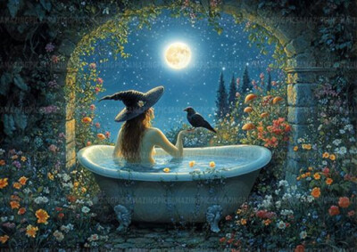 Hexe Badewanne Kunstdruck Mondlicht Rabe Garten Blumen Fantasy Nacht Magie x83