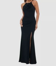 Xscape Women's Black Crepe Scuba Floral Embellished Halter Gown Dress Size 12