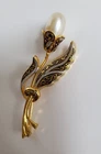 A Damascene Vintage Brooch Pin With Faux Pearl Floral Design Costume Jewelry