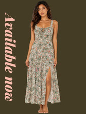 Women's Gray Pink Green Floral Square Neck Strappy Maxi Dress Side Slit