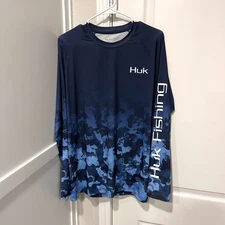 Huk Fishing Shirt Mens Large Blue Refraction Fish Fade Performance Long Sleeve