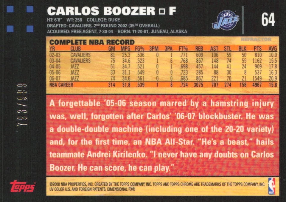 2007-08 Topps Chrome Refractors #/999 Carlos Boozer #64 Utah Jazz - Image 2 of 2