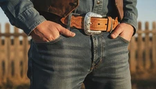 Western Ranger Belt Tan Leather Cowhide Hair Crosses Basketweave Size 34 36 40