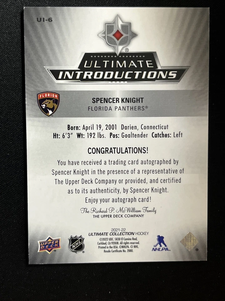 21-22 UD Ultimate Collection RC Auto UI-6 Spencer Knight Chicago Blackhawks - Image 2 of 2