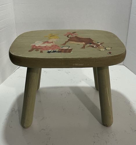 Vintage Kids Wooden Step Stool Hand painted Girl, Ladybug, & Cow