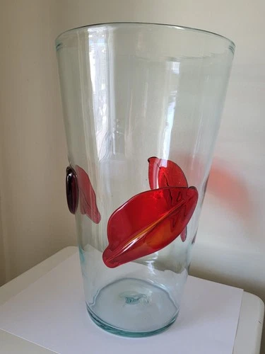 Large Vintage Blenko #366LL Glass Vase with Red Applied Leaves 12.5 In Art Glass